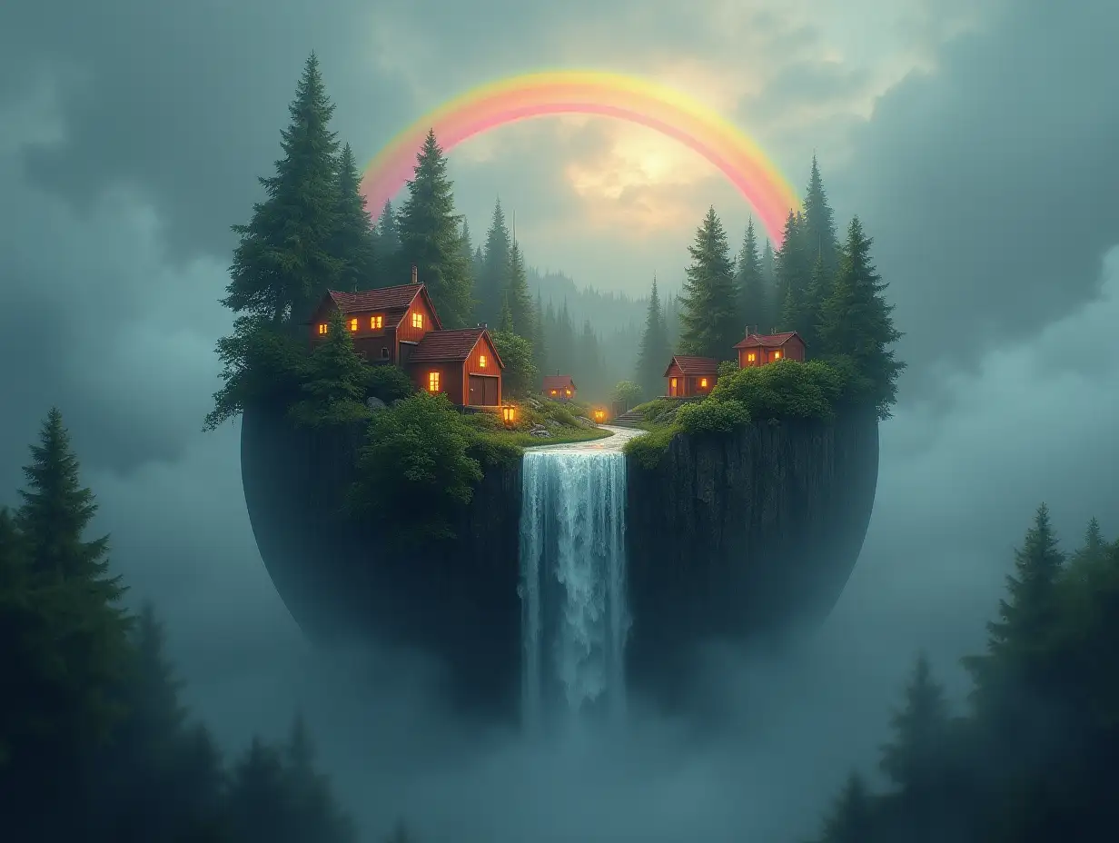 Create a globe where from the upper half houses with lanterns, forest waterfall come out and with gray sky with fog and rainbow