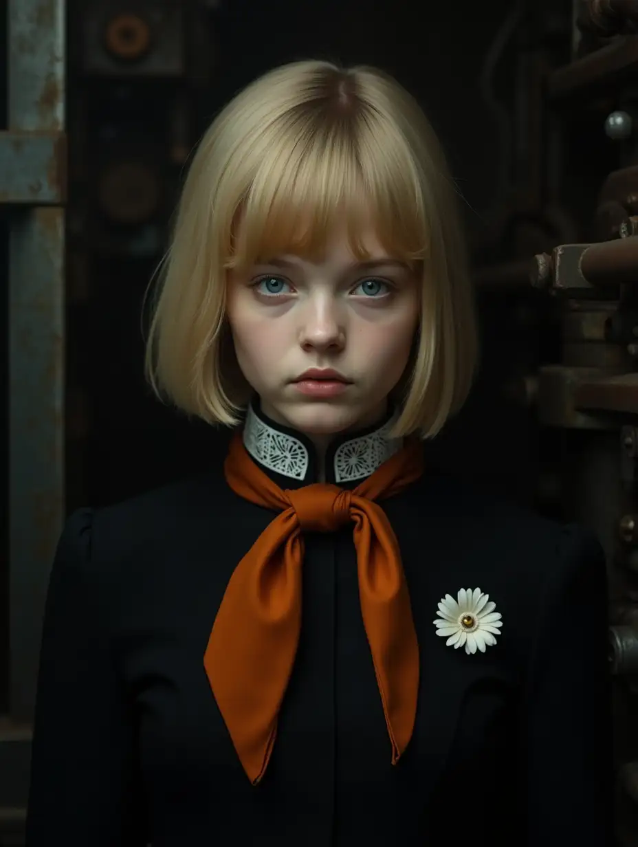 a high-resolution photograph featuring a young caucasian woman with light skin and striking blue eyes, she has short, straight, blonde hair with a slight wave, and her facial features are delicate, with a small nose and full lips, she is wearing a black, high-collared dress with a white, geometric patterned collar, and an orange scarf tied around her neck, the scarf is tied in a bow at the front, and a small, white, flower-shaped brooch adorns her left breast, the background is blurred, but it appears to be an industrial setting with dark, metallic textures, possibly a part of a machine or machinery, the lighting is soft and diffused, creating a warm, intimate atmosphere, the overall mood of the photograph is somber and introspective, capturing a moment of quiet reflection or contemplation