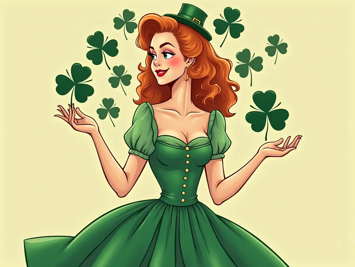 Vintage style illustration of a ginger woman with clover leaves and green dress for St. Patrick's Day celebration. Retro fashion and holiday concept.