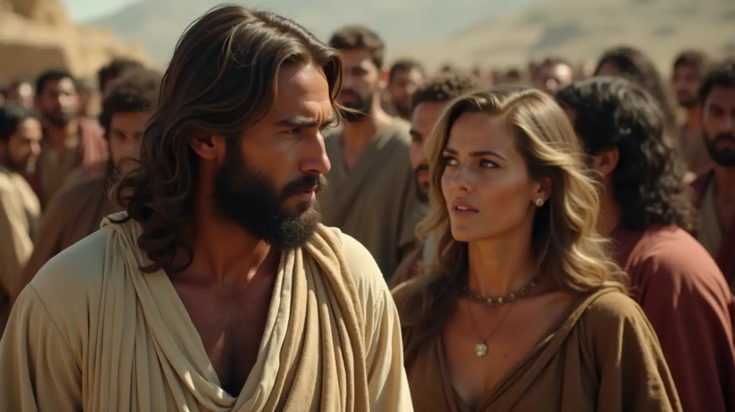 Ruggedly Handsome Jesus Engaging with a MiddleAged Woman in a Biblical Crowd