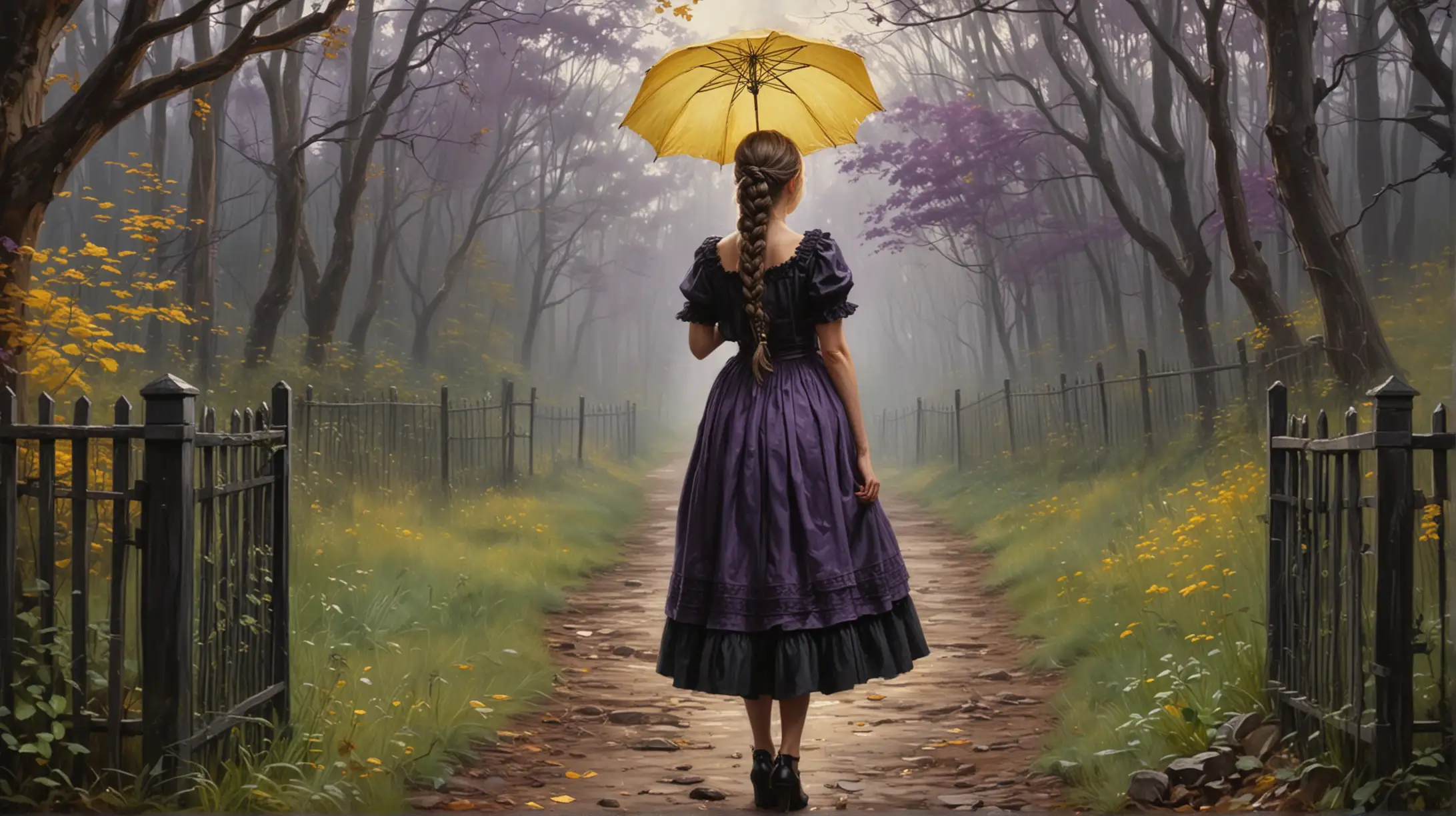 Girl in Vintage Dress with Yellow Umbrella by Old Stately Fence