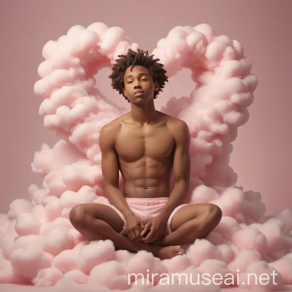 Romantic African American Man on HeartShaped Pink Cloud with Doves