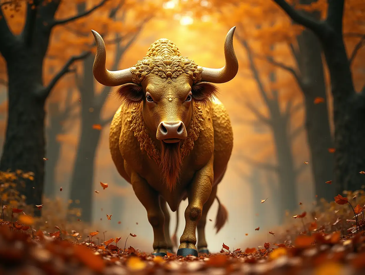 1. Photography style, a golden bull god standing in a magic forest filled with ancient trees, focusing on the face, realistic style, Chinese mythology style, the back of the bull god grows a luxurious tree of gold ingots. Ultra-high definition, 8KnnThe bull god walks, moving