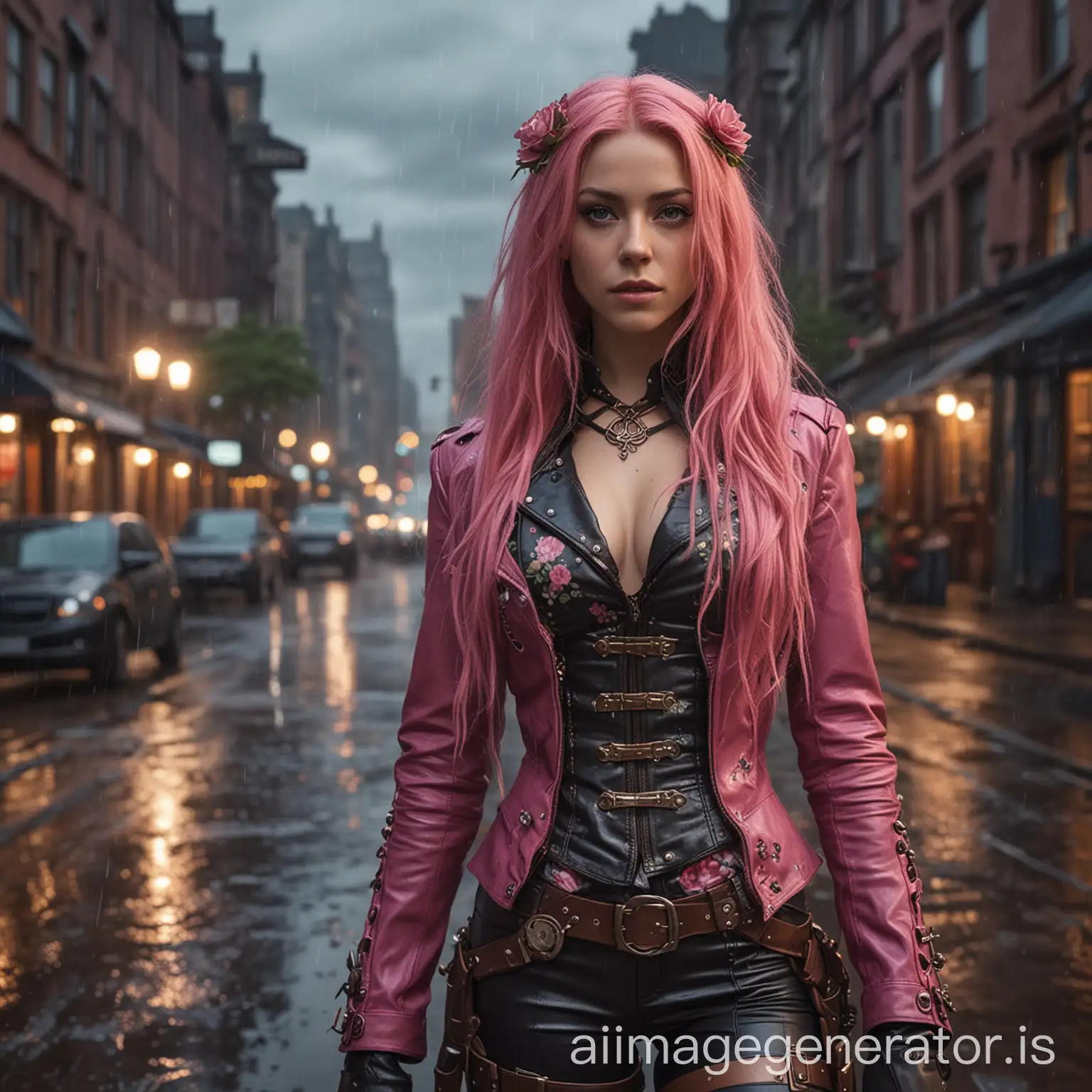 PinkHaired-Female-Superhero-in-Steampunk-Floral-Outfit-Rainy-City-Scene