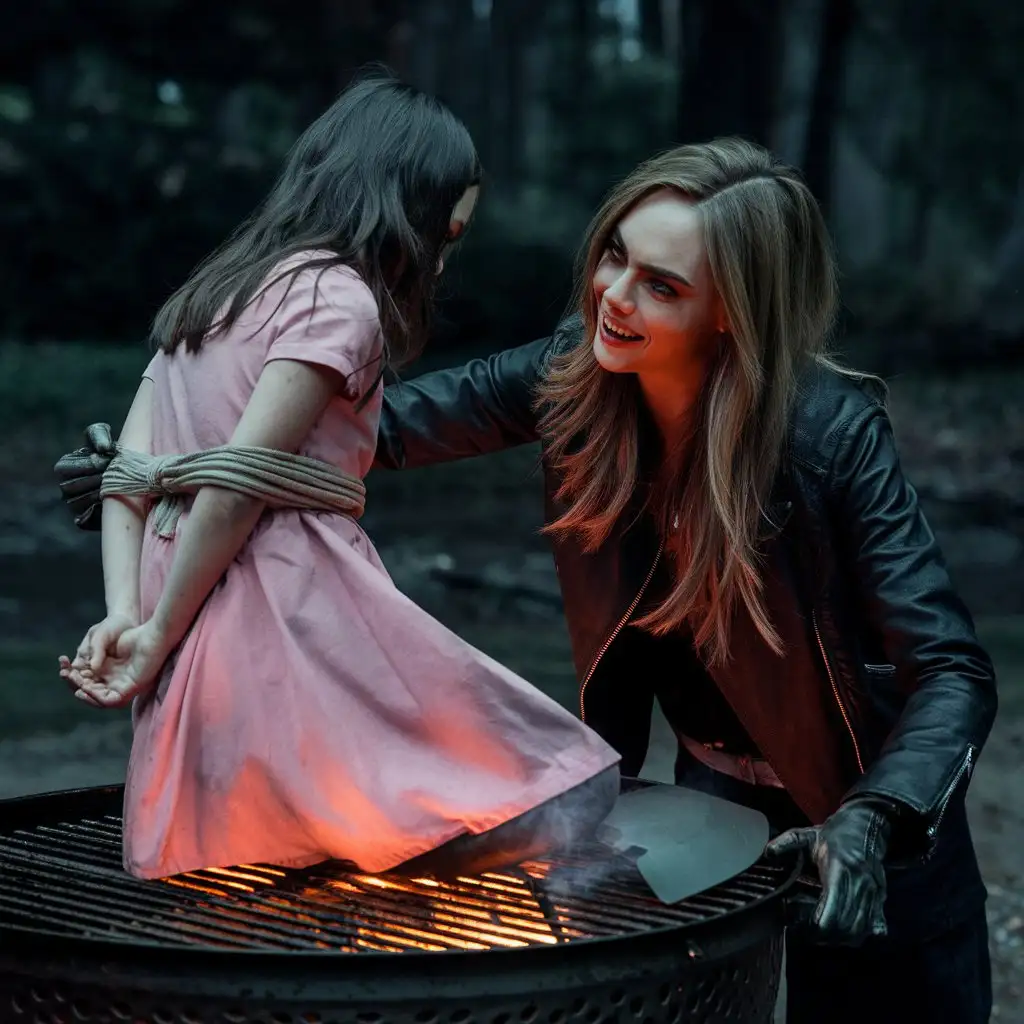   Evil mature smiling Cara Delevingne  grills a Girl on a large grill,  cinematic, photo , 4k