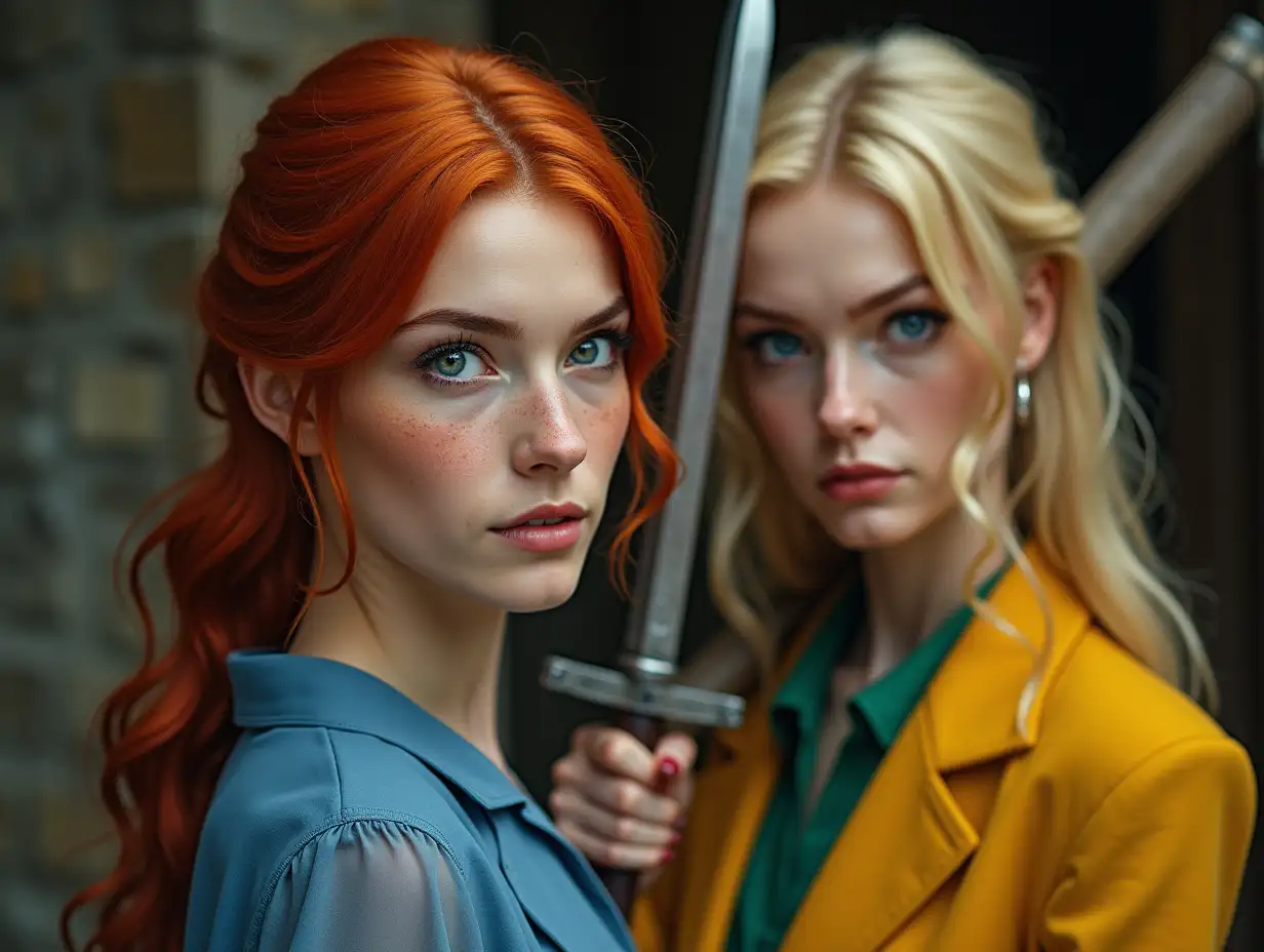 redhead woman with freckles green eyes blue dress holding a sword in front of a blonde woman blue eyes yellow suit holding a medieval ax