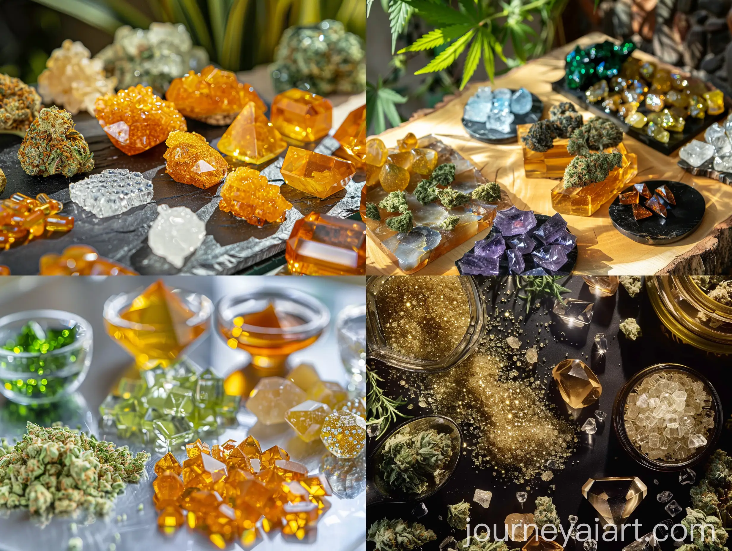 Various-Cannabis-Concentrates-Displayed-on-Table-Shatter-Hash-Kief-THC-Diamonds