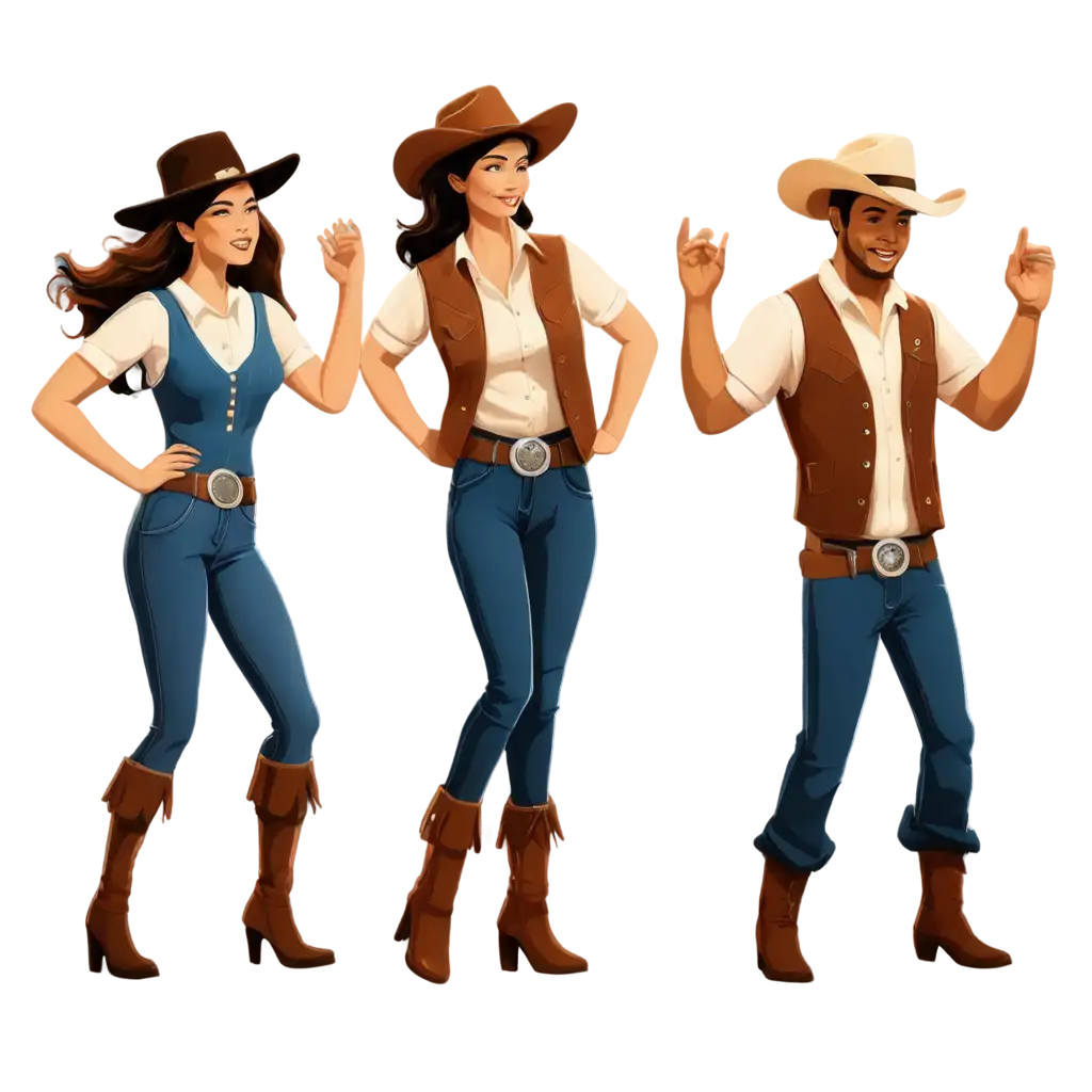 PNG-Illustration-Cartoon-of-Four-People-Line-Dancing-in-Cowboy-Costumes