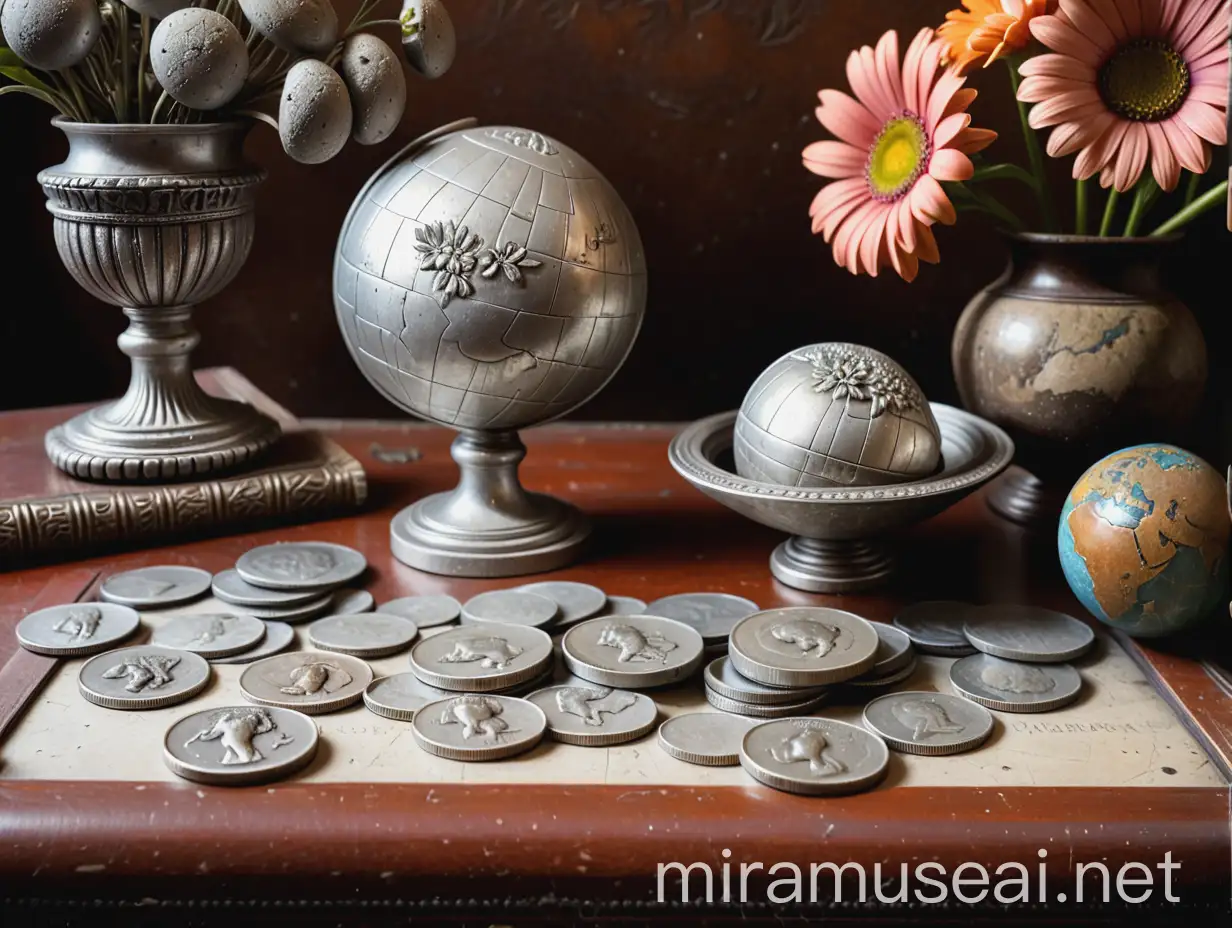 Antique Desk with Ancient Greek Coins and Earth Sphere