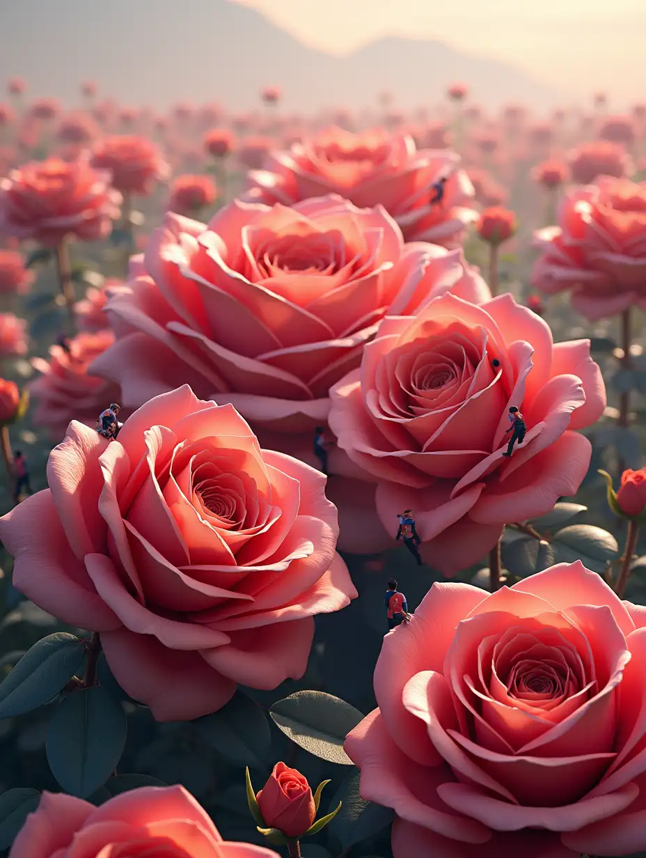 Nano image of giant roses with a number of workers working on them