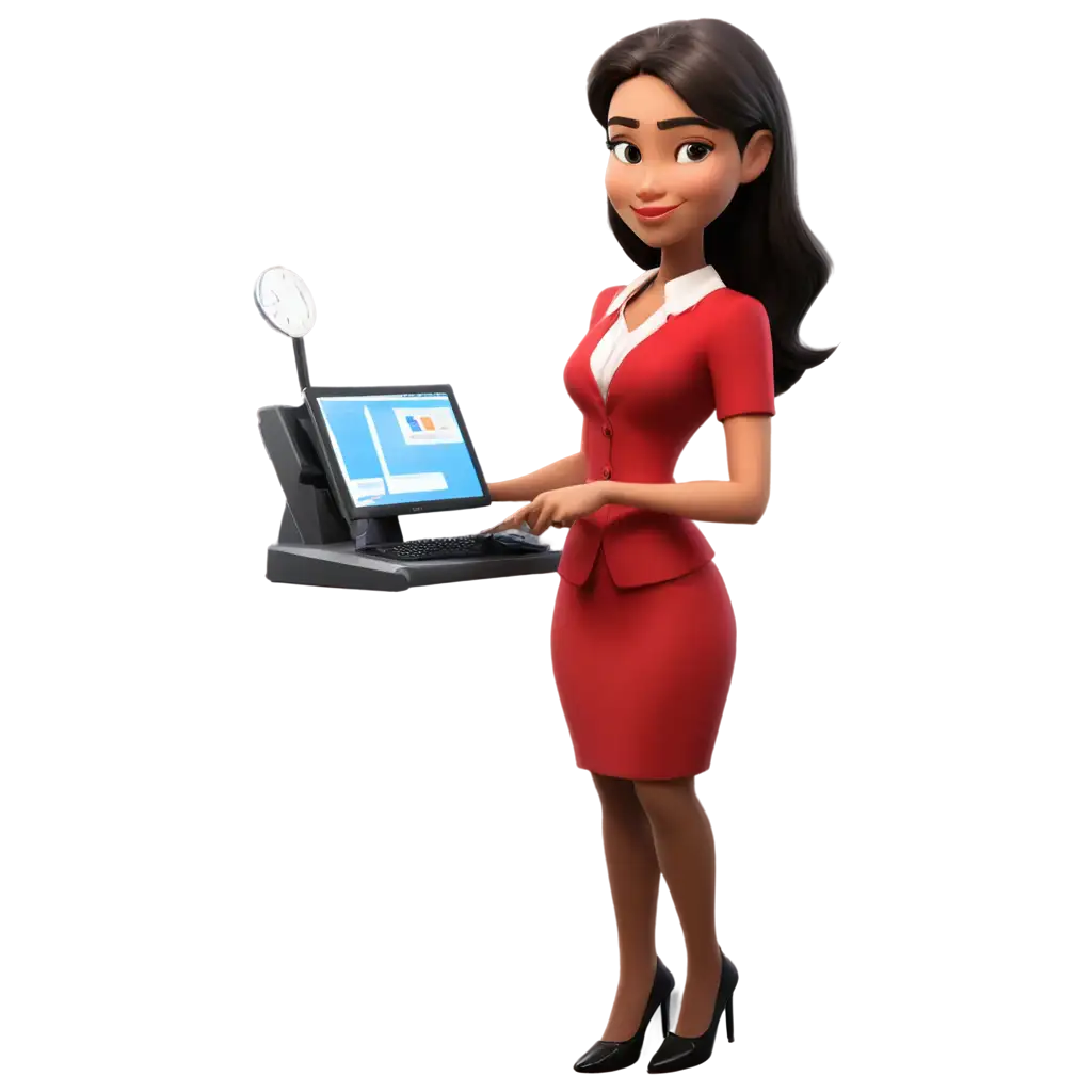 PNG-Image-of-Cartoon-Bank-Teller-Woman-in-Red-Dress-Doing-Verification-with-Customer-Interaction