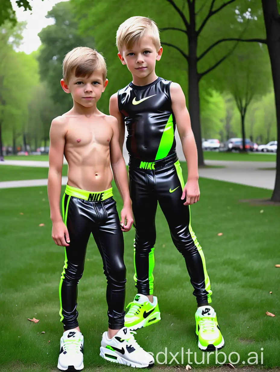 two cute athletic seven-year old Nordic boys wearing skintight NIKE very low-rise PVC NFL football compression pants and NIKE Air Max 90 black neon green white high top sneakers, proudly shows off defined chest and V-line abs in park, best friends