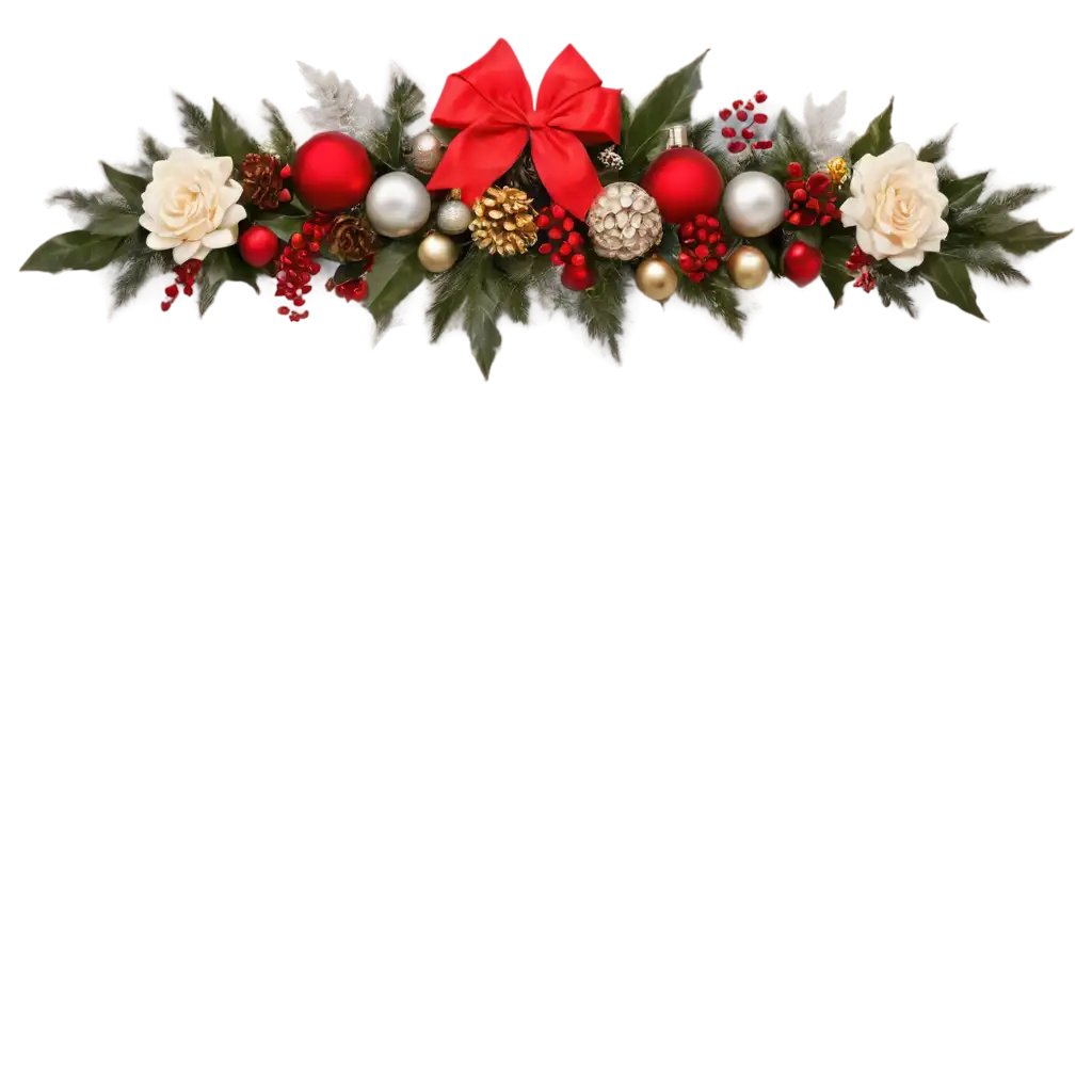 Elegant-PNG-Image-Horizontal-Cluster-Arrangement-of-Christmas-Decorations-with-Gold-and-Red-Balls-Holly-Poinsettias-Ivy-Roses-and-Red-Berries