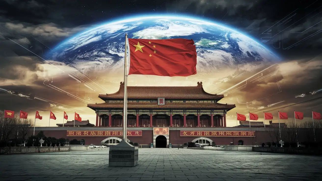 Chinese-Style-Cyberpunk-Scene-with-FiveStarred-Red-Flag-Tiananmen-and-Golden-Great-Wall