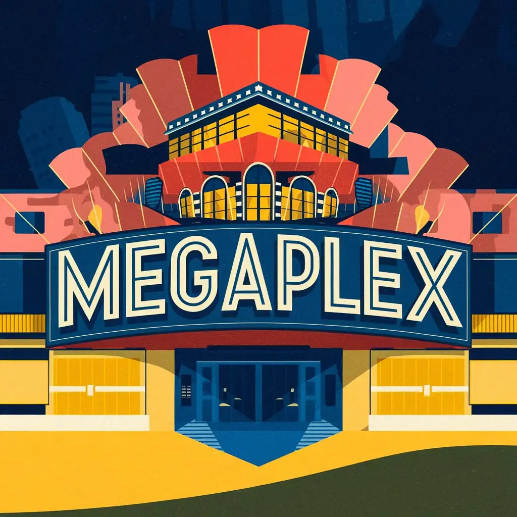 LOGO Design for Megaplex White Text with Movie Theater Symbol in Red and Yellow Colors