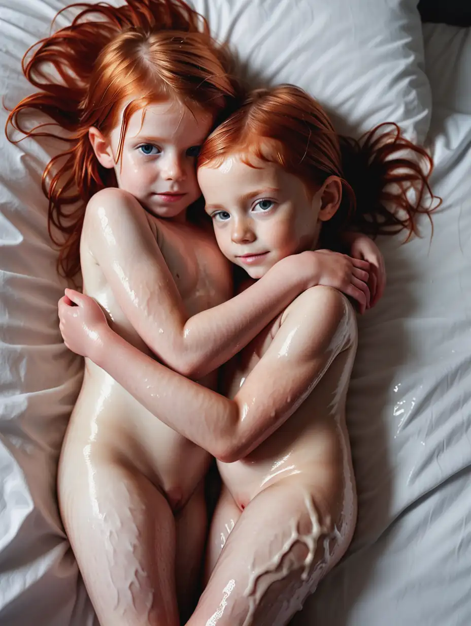 Cuddling-Redhaired-Girl-and-Boy-on-Bed-with-Visible-Legs