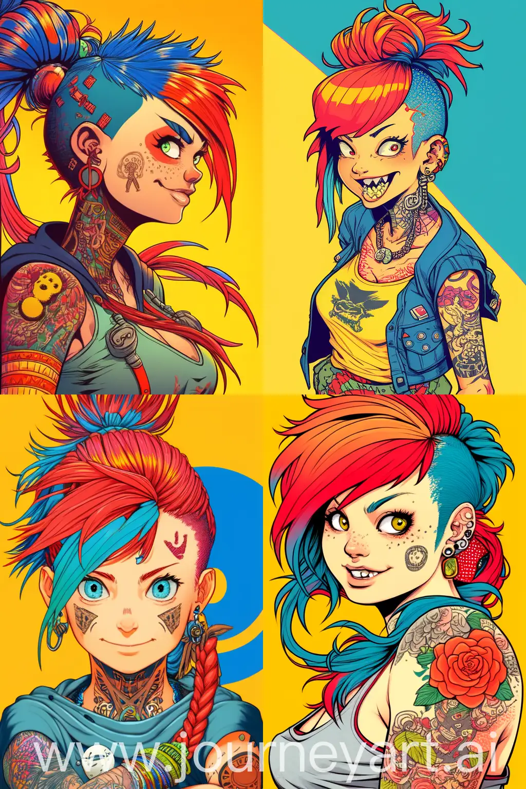 Anime-Style-Illustration-of-Smiling-Female-Character-with-Colorful-Hair-and-Tattoos-on-Yellow-Background