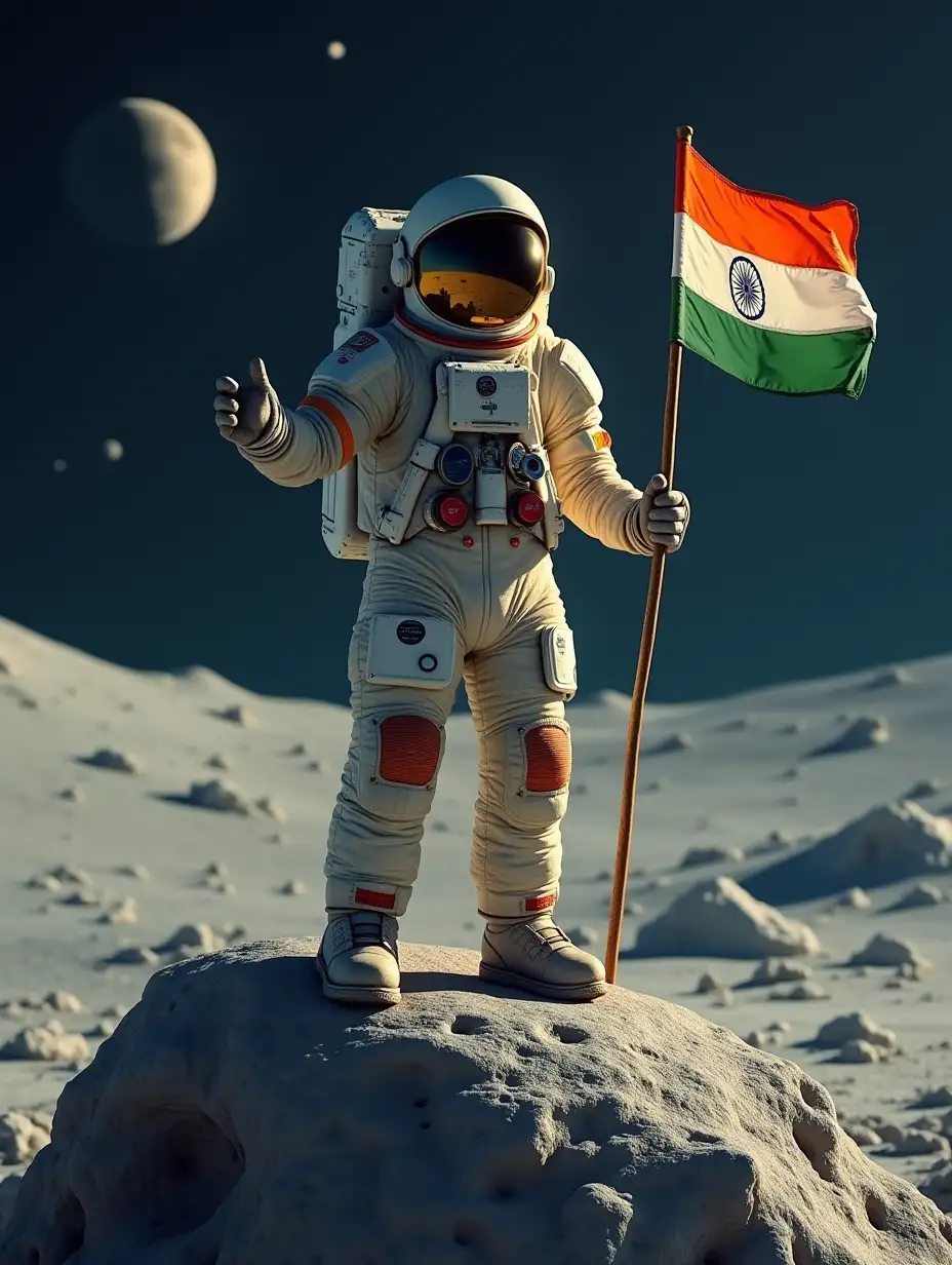 Astronod standing on moon holding in his hand indian flag