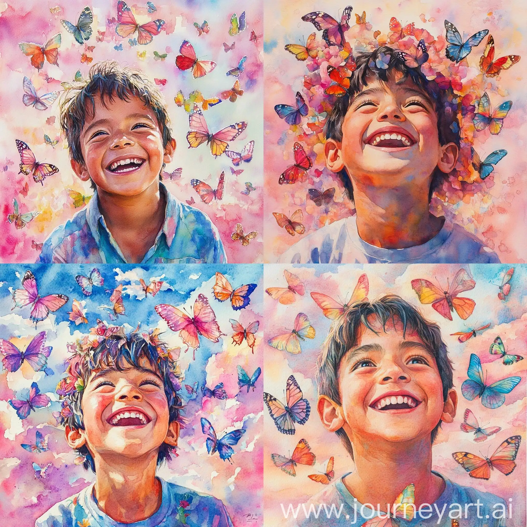 Cheerful-Peruvian-Boy-Surrounded-by-Colorful-Butterflies-in-Pink-Cloudy-Sky