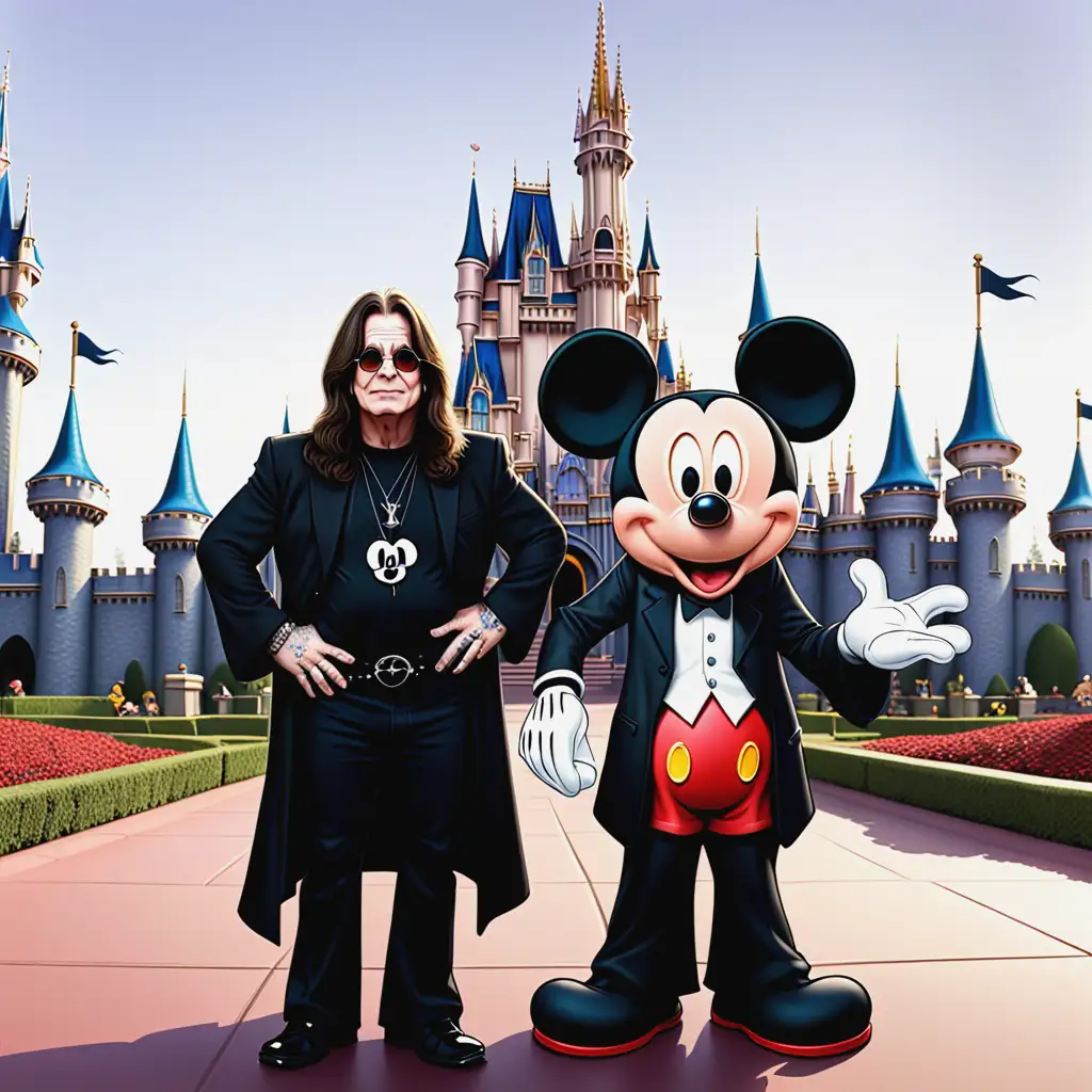 cartoon Ozzy Osbourne in front of disney castle; standing back to back with Mickey Mouse