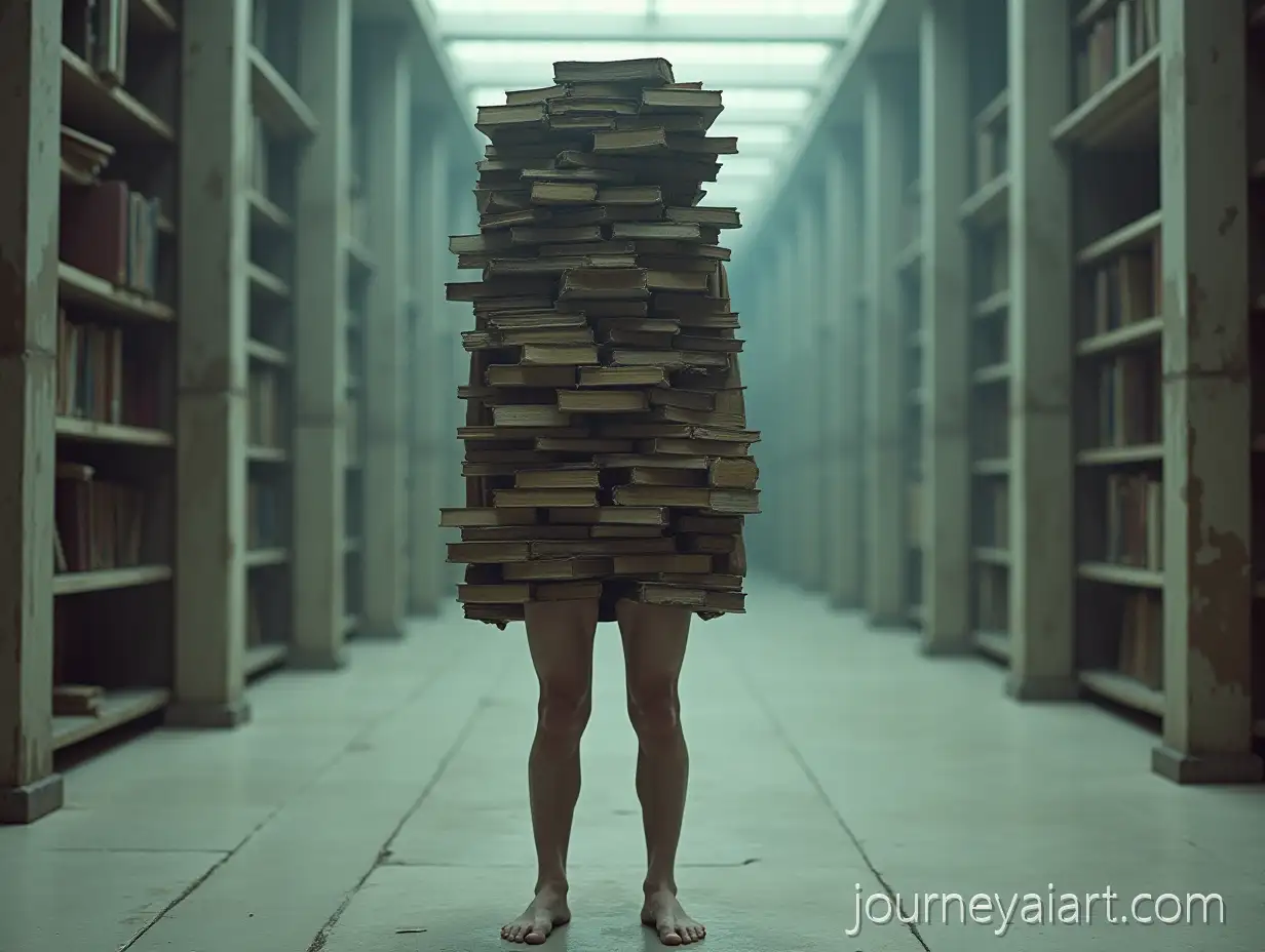 Surreal-Portrait-of-a-ManSurreal-Portrait-of-a-Man-with-a-Chaotic-Library-Body-in-a-Brutalist-Academic-Hall