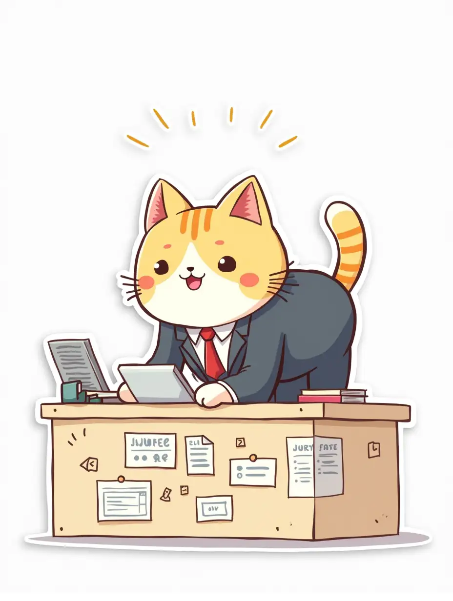 kawaii positive happy light cat in the image of designer in strict office clothes bent over a large table with drawings of technological equipment. die cut sticker design top-view, high resolution, vector art, white background, paint in anime style