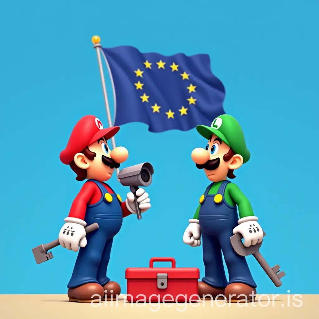 Mario-and-Luigi-with-Surveillance-Camera-and-Giant-Key-in-Front-of-European-Flag