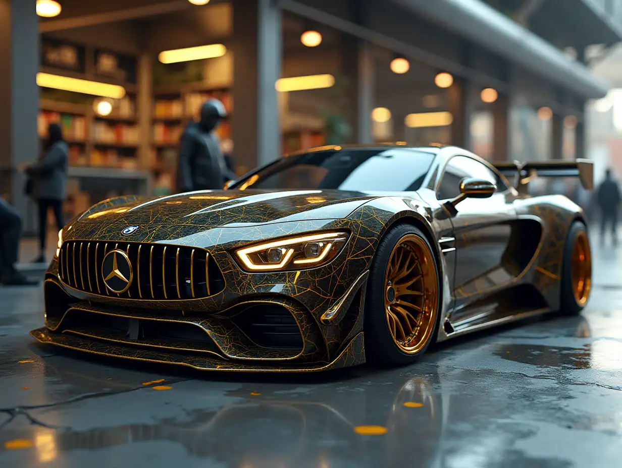 Supermodern utopian sport car with gold and black color ornaments, lowered body, 18-inch rims, aluminum wheels, camouflage, Cyberpunk