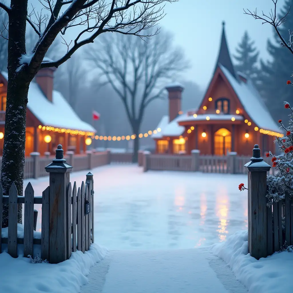 An ice rink with a tree in a fairy tale village, surrounded by a decorated fence with an entrance in the foreground, blurred background