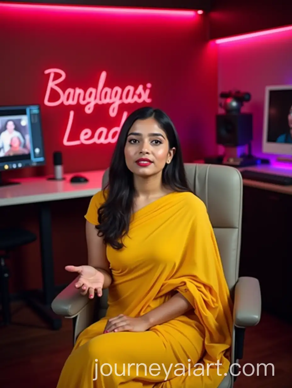 Confident-Young-Bangladeshi-Woman-in-Bright-Yellow-Sari-Explaining-in-YouTube-Studio