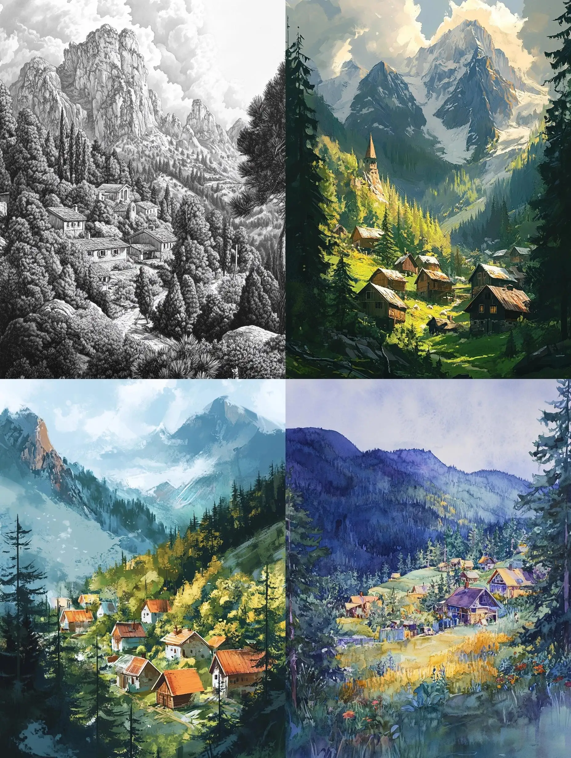 Small-Hamlet-Surrounded-by-Towering-Mountains-and-Encroaching-Pine-Forest