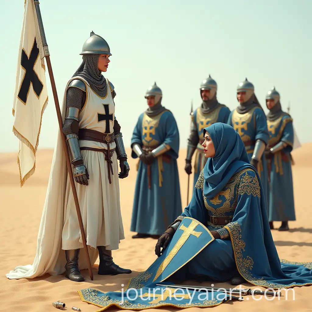 Teutonic-Female-Knight-and-Crusaders-with-Muslim-Woman-in-Desert