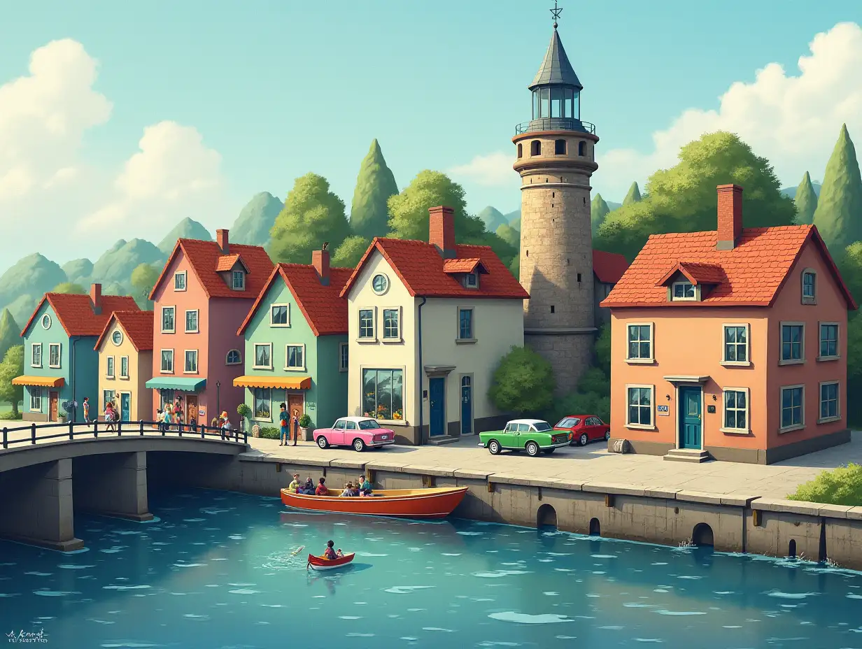 Dreamlike houses next to a river, with a bridge, cars, fishing nets, people walking along the promenade and a small boat.