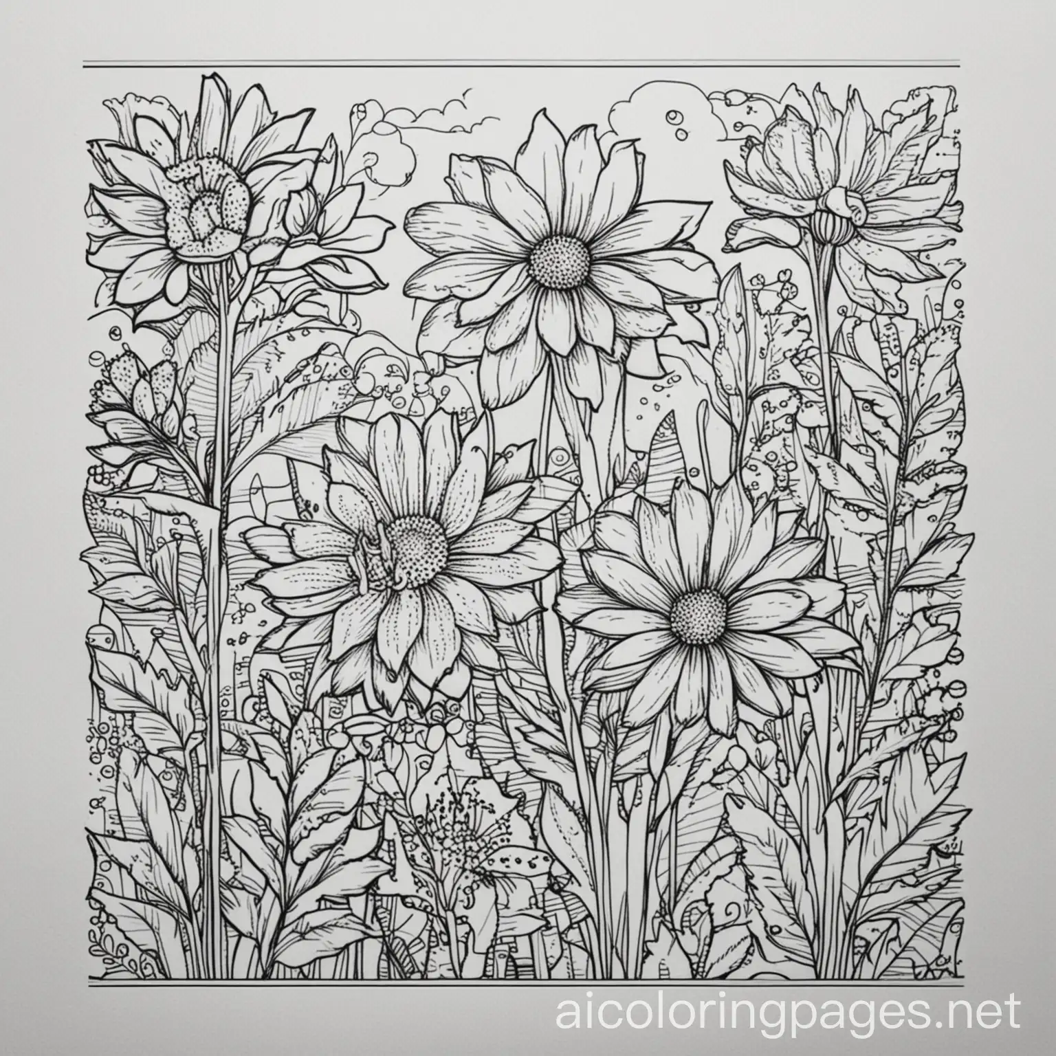 Spring time adult coloring page, Coloring Page, black and white, line art, white background, Simplicity, Ample White Space. The background of the coloring page is plain white to make it easy for young children to color within the lines. The outlines of all the subjects are easy to distinguish, making it simple for kids to color without too much difficulty