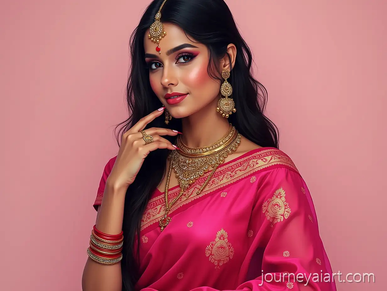 South-Indian-Bride-in-Traditional-SareSouth-Indian-bride-portraite-with-Dark-Pink-Floral-Design-Full-Straight-Pose