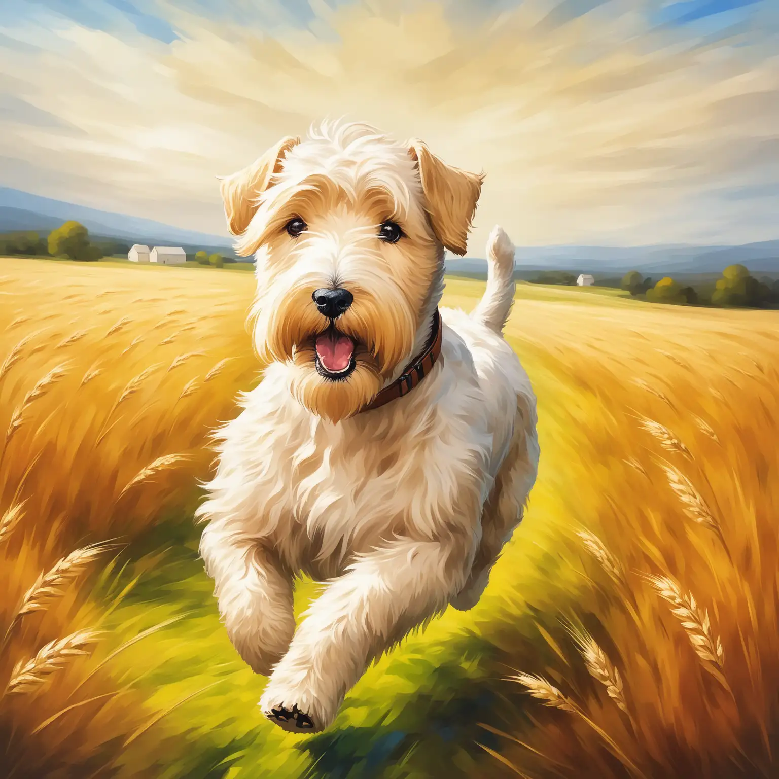 Wheaten Terrier Running in Beautiful Field Oil Painting Style