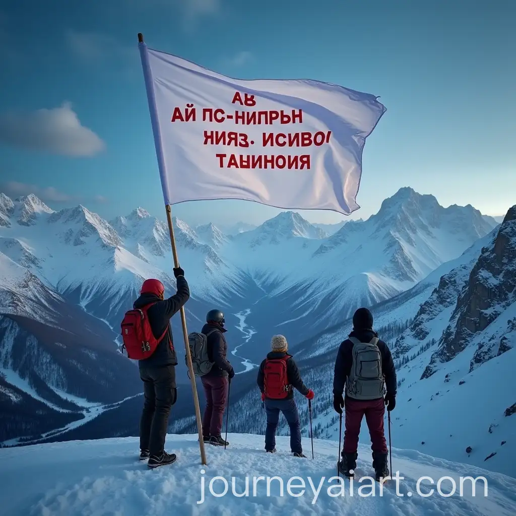 Team-Reaching-the-Summit-with-a-White-Flag-in-Winter-Mountain-Setting