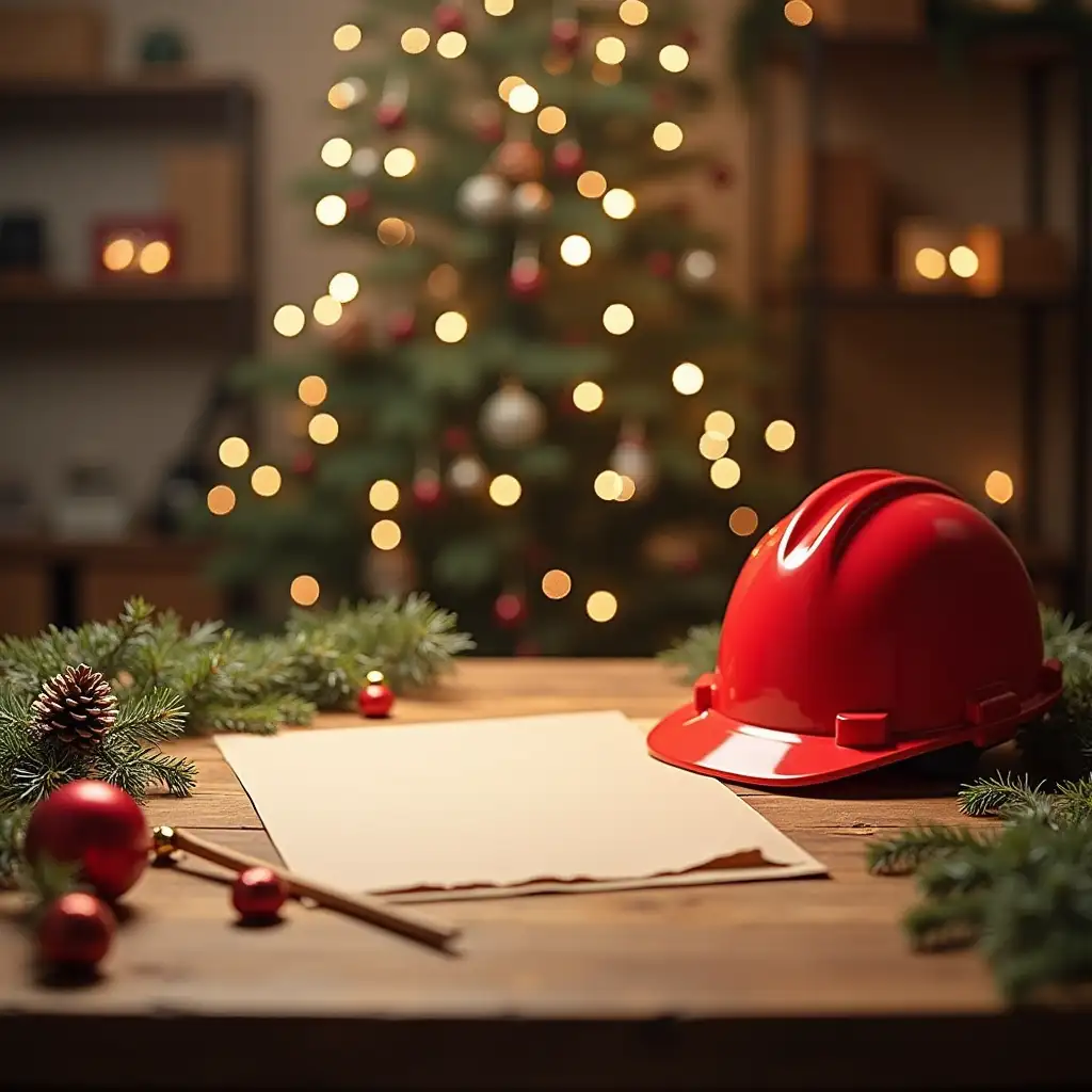 Christmas wooden table, empty in the middle, suitable for making christmas card, health and safety, safety helm on table