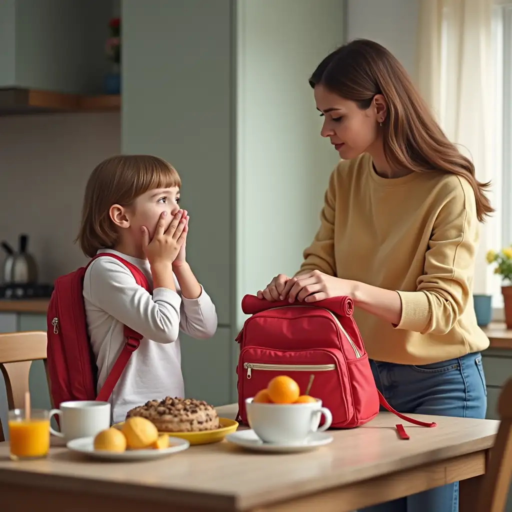 Mother-Helping-Upset-Child-with-School-Bag-at-Breakfast-Table