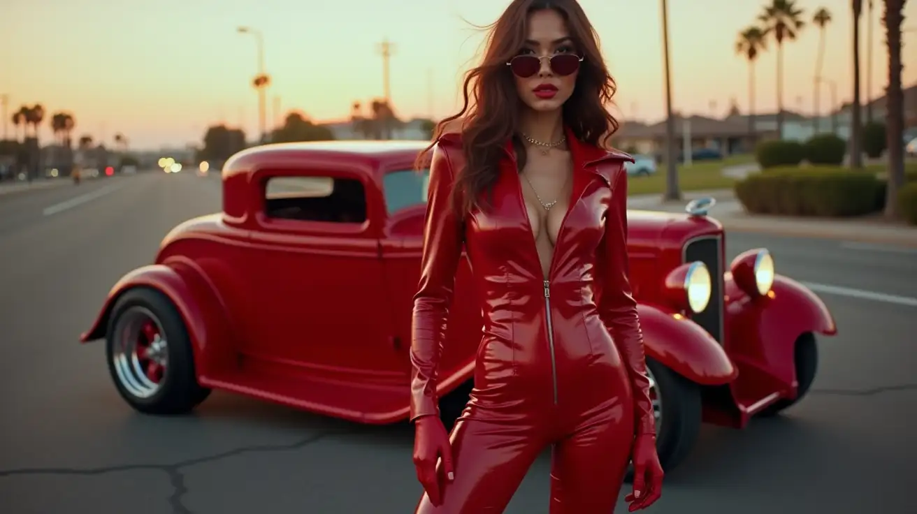 Woman-in-Shiny-Red-PVC-Outfit-Standing-Next-to-Rat-Rod-on-Californian-Street-at-Dusk