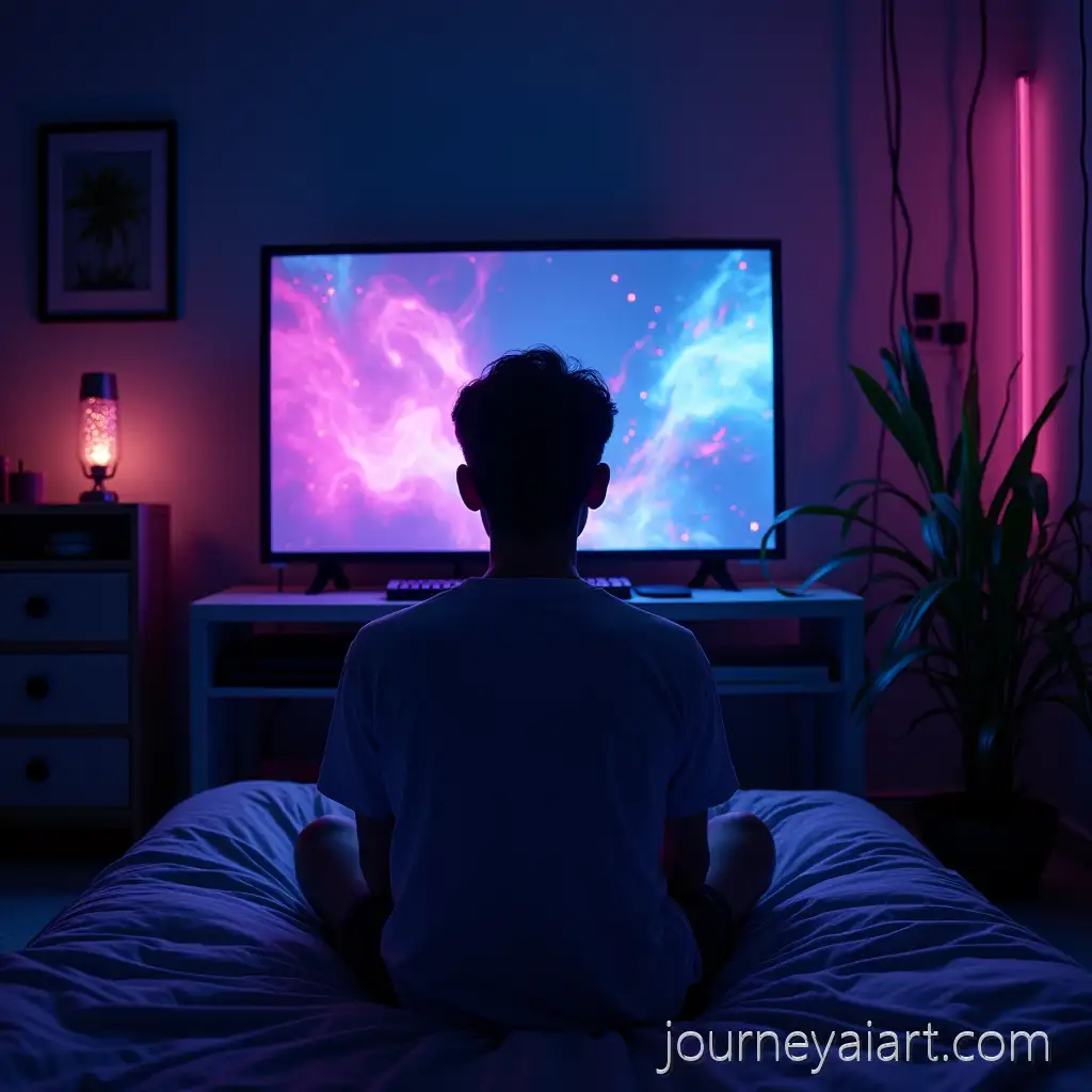 Man-Surrounded-by-Neon-Lights-and-Strange-Screen-in-a-DarkSynthwave-Room-with-Guy-Room