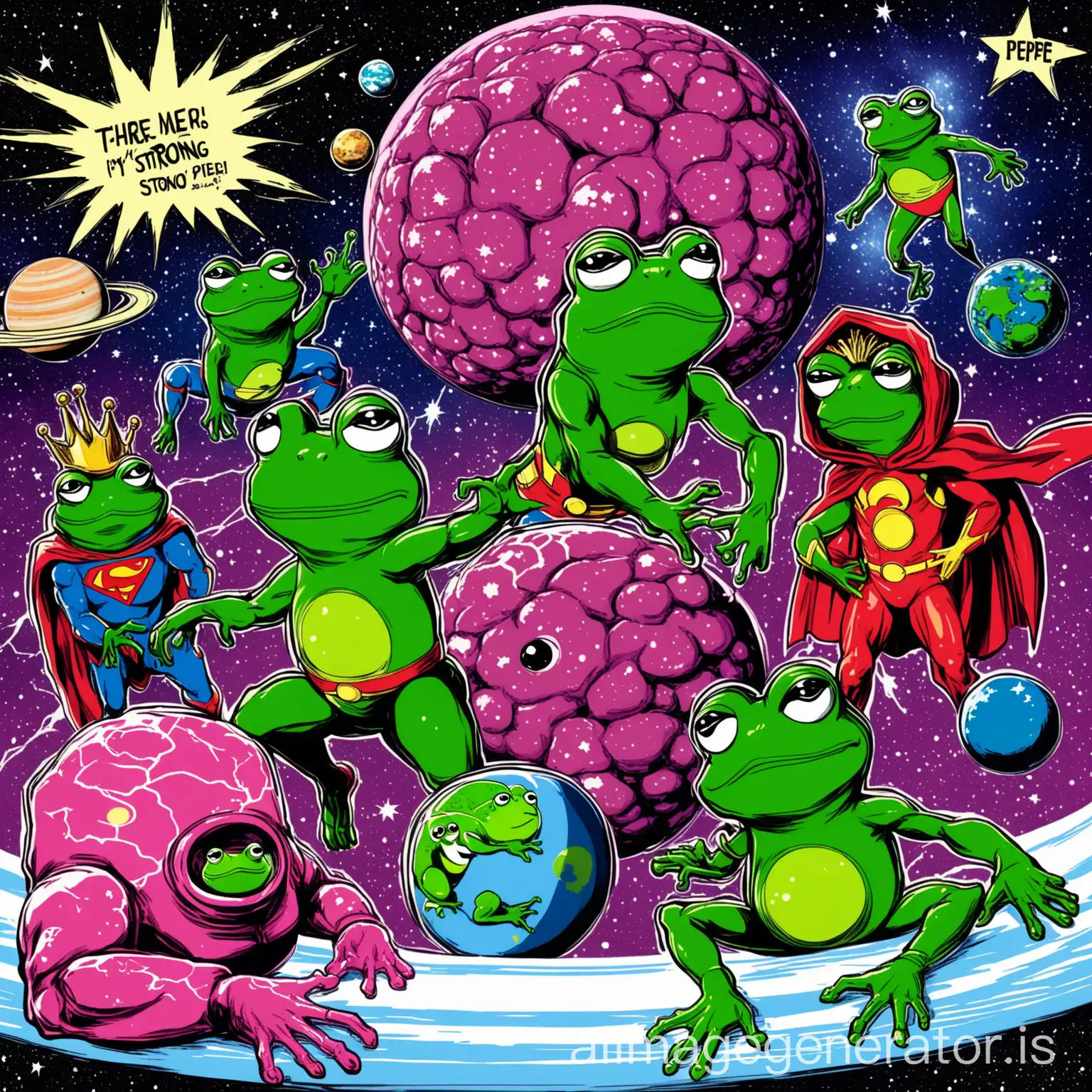 in this image there are 4 characters from PEPE comics, they have big apparent pink brains, they are tall and strong and have green skin, they have the appearance of 4 superheroes with costumes, with super powers, the scene takes place on an imaginary planet, there is a starry sky with several planets and galaxies and lightning, in the sky it is written: 'Frogs-Men Unchained'