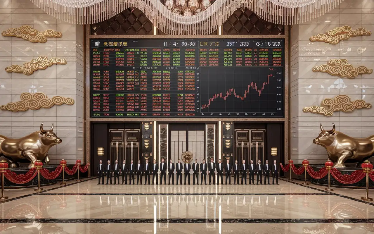 A magnificent 16:9 financial hall scene. In the center of the picture, there is a spacious space that can accommodate 20 people to stand. No people should appear, only the background. The background is a trading hall with rich financial characteristics. A huge LED stock quotation screen occupies the entire wall, showing red stock codes and K-line charts. The walls on both sides are decorated with exquisite bronze bull sculptures and golden auspicious cloud patterns. Traditional Chinese knots and lanterns are perfectly integrated with modern financial elements. The ground is classic beige marble with a shiny reflective surface. The crystal chandelier on the top creates a high-end financial atmosphere, accompanied by red ribbons decorated for festivals.