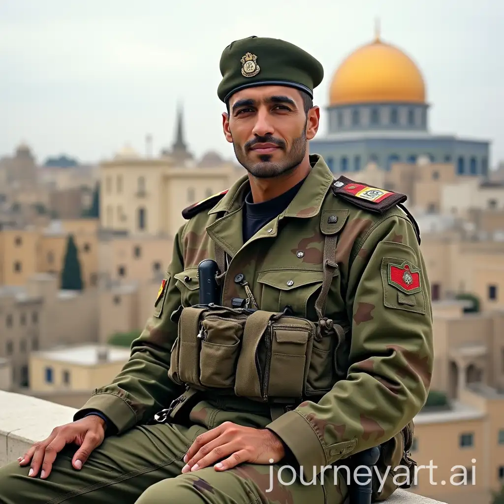 Quassem-Sulaymani-in-Camouflage-Military-Suit-with-Dome-of-the-Rock-in-Palestine-Background