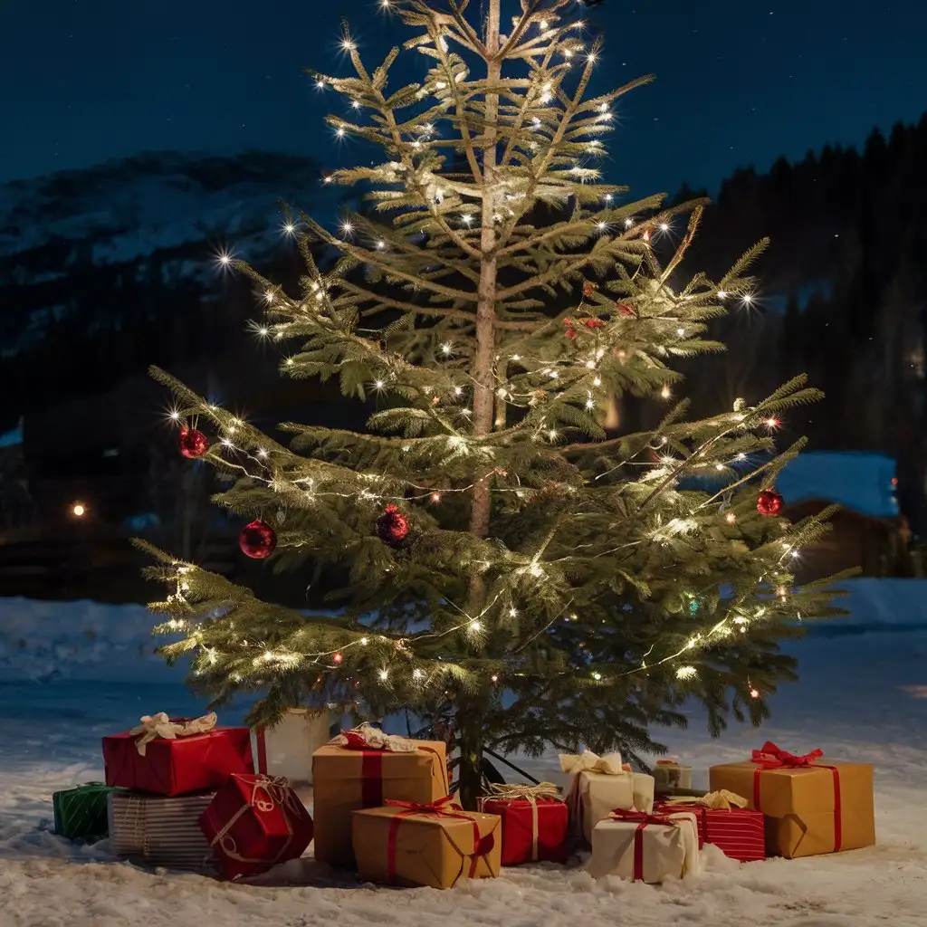 Snowy-Mountain-Christmas-Scene-with-Fir-Trees-Gifts-and-Night-Lighting