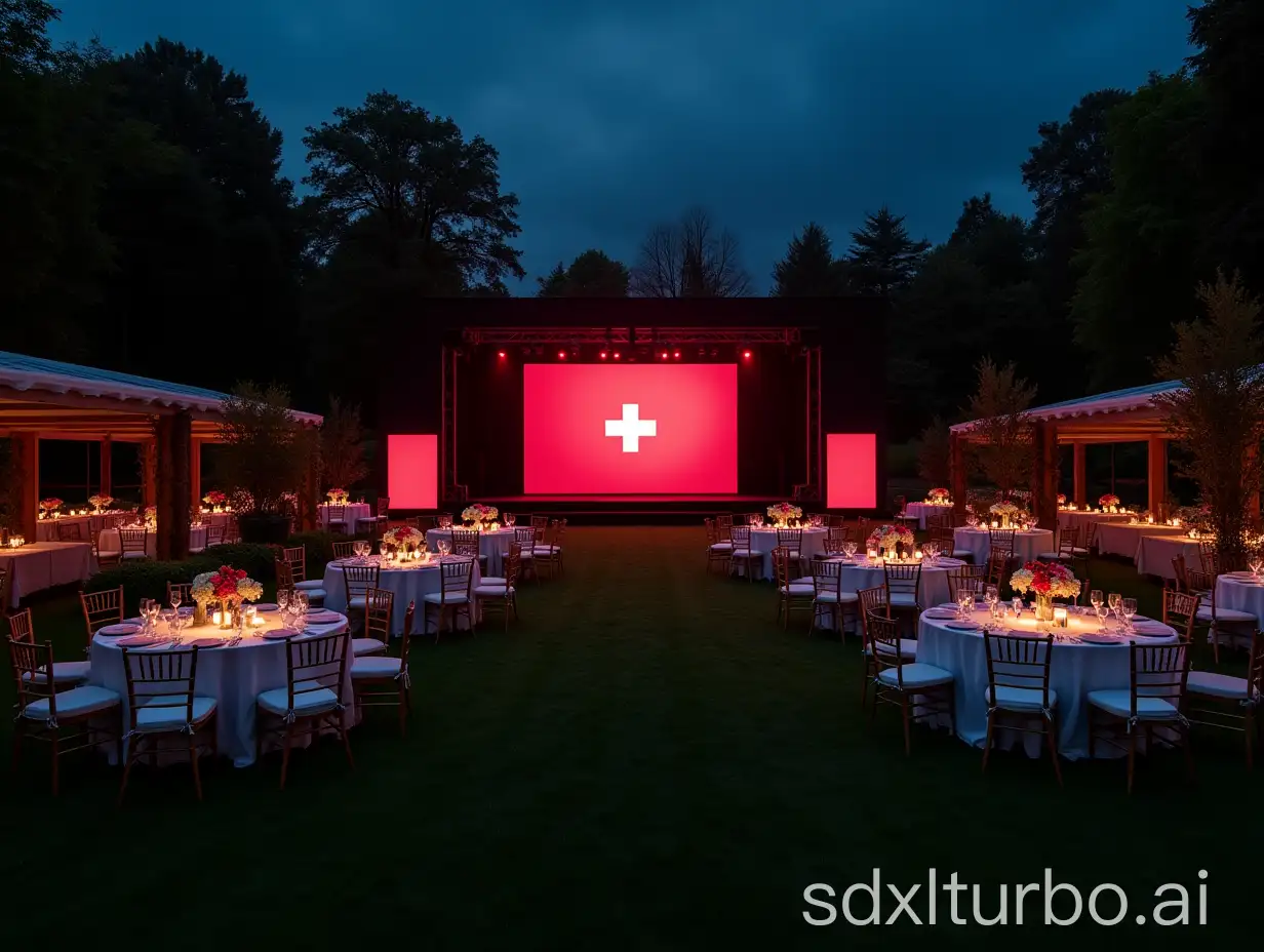 Night-Event-in-a-Garden-Swiss-Flag-Stage-and-Elegant-Table-Settings