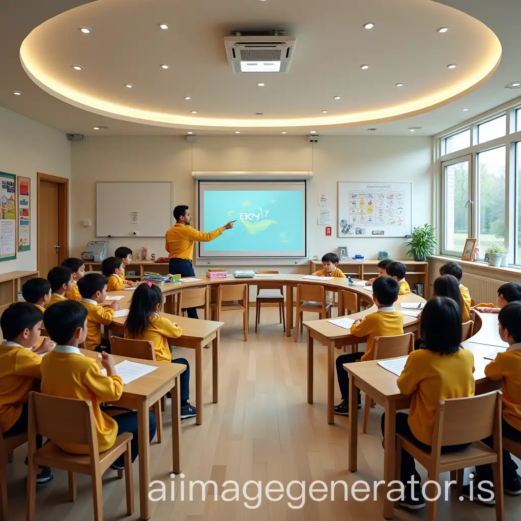 Circular-Classroom-with-Interactive-Board-and-Fifteen-Students-in-Primary-School