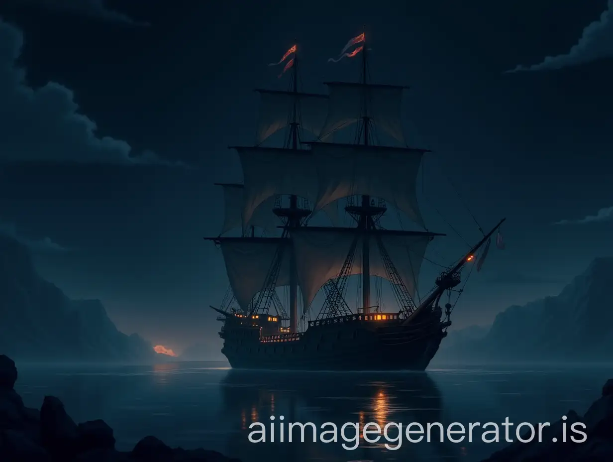 Anime mysterious pirate ship in river with black sky