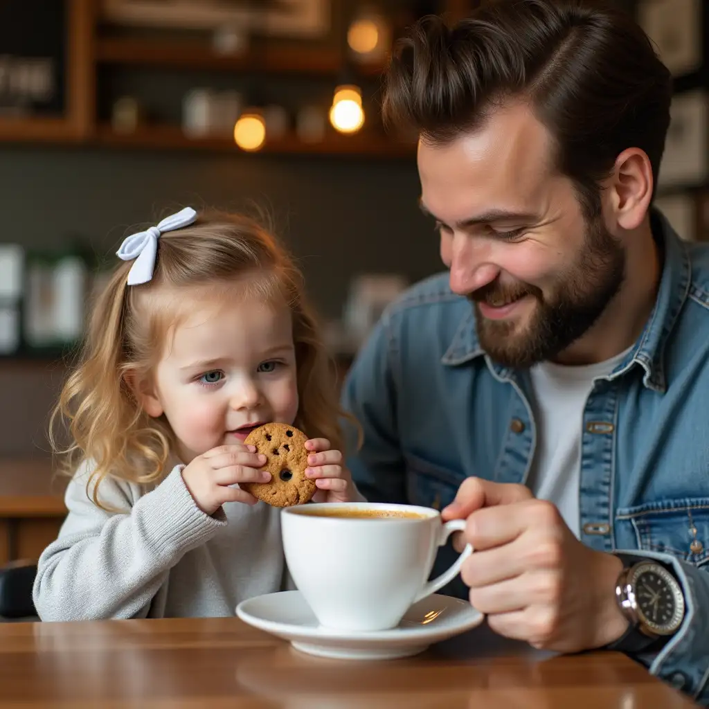 3 year old girl and father together at a coffee shop. Little girl eating a cookie and father having a cup of tea