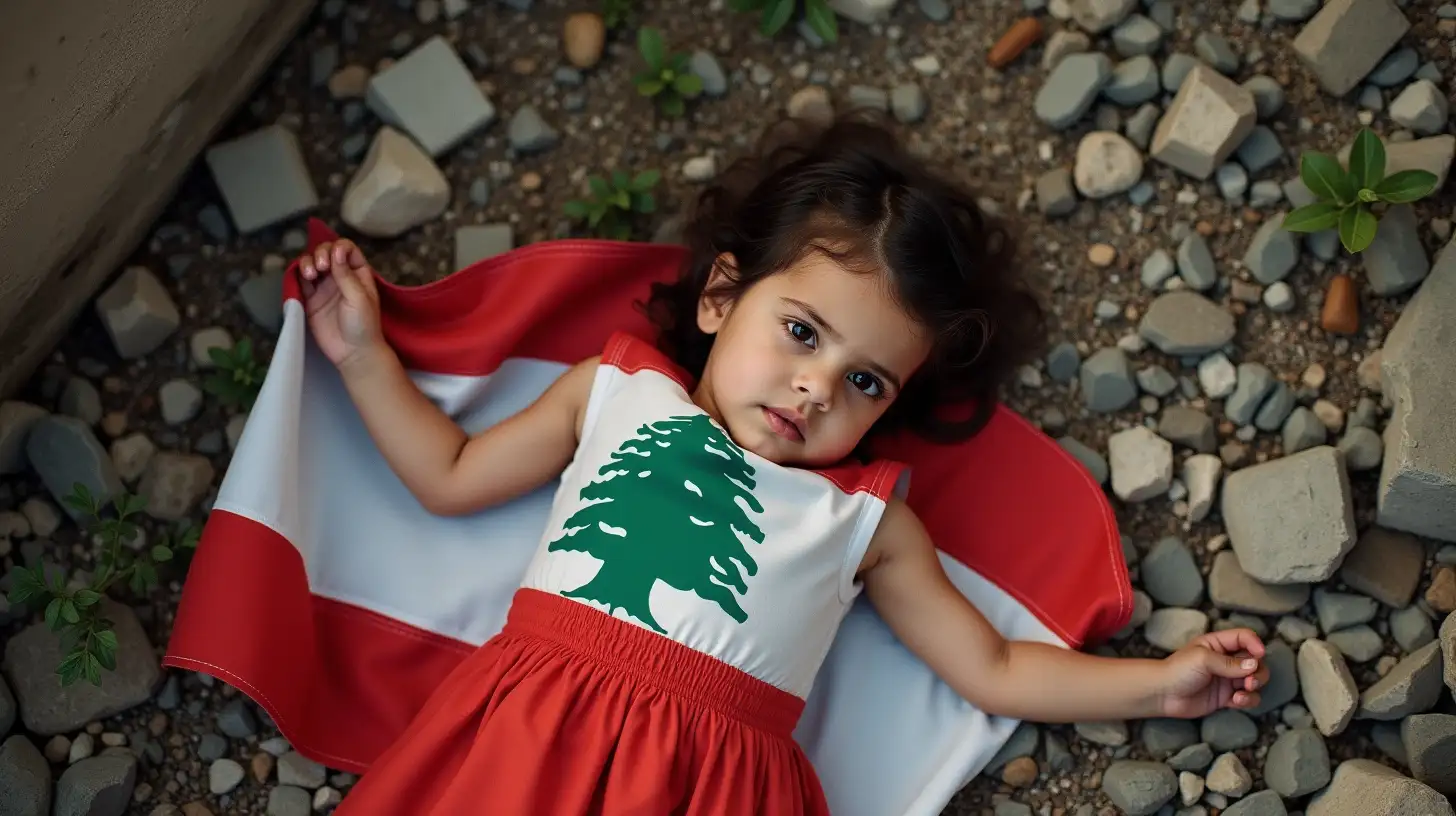 Young Lebanese Girl Among Rubble with Flag